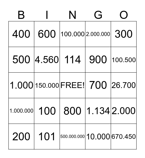 Numeros de el 0 al 500,000,000 Bingo Card