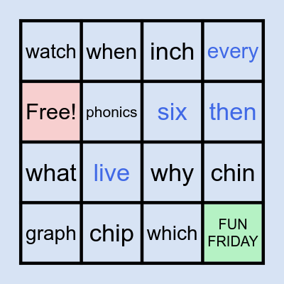 Week 10:Digraphs ch, wh, ph & Sight Words Bingo Card