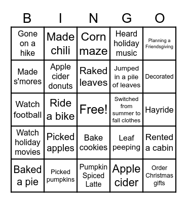 Fall Activities Bingo Card