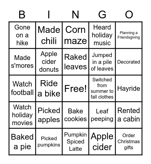 Fall Activities Bingo Card