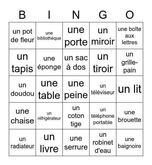 Objets de la maison Bingo Card