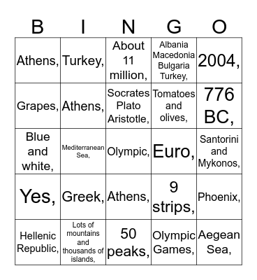St. Andrew's 2015 Greek Banquet Bingo Game Bingo Card