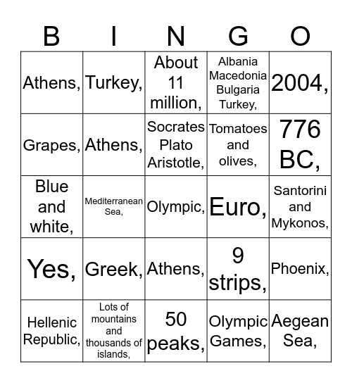 St. Andrew's 2015 Greek Banquet Bingo Game Bingo Card