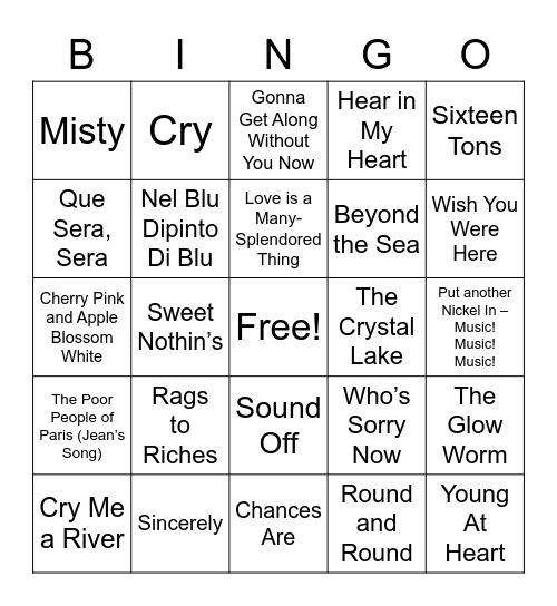 50s Hits Bingo Card