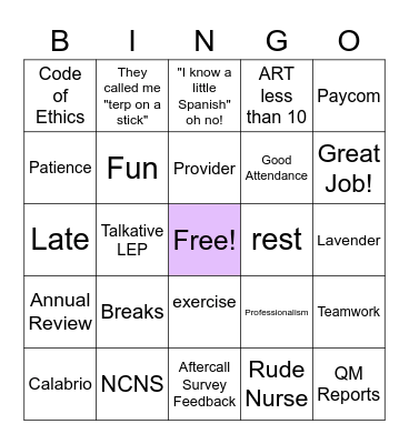 Lavender Team Bingo Card