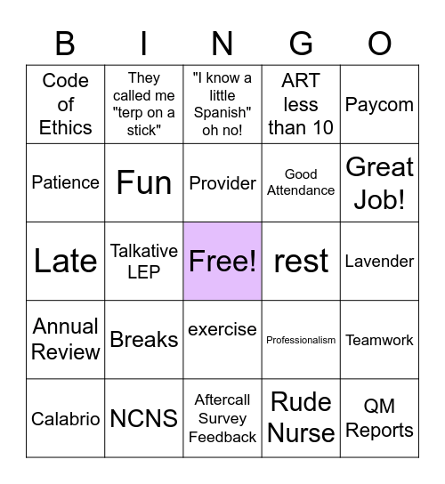 Lavender Team Bingo Card