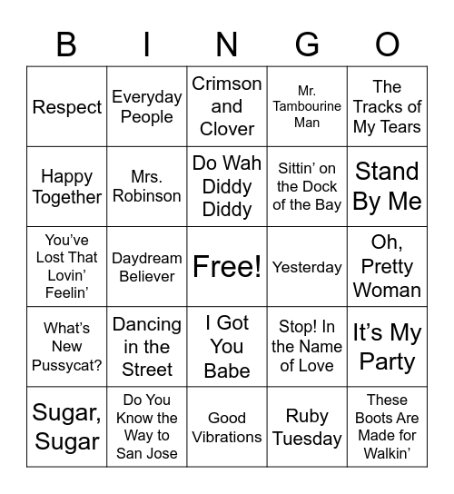 1960s Hits Bingo Card