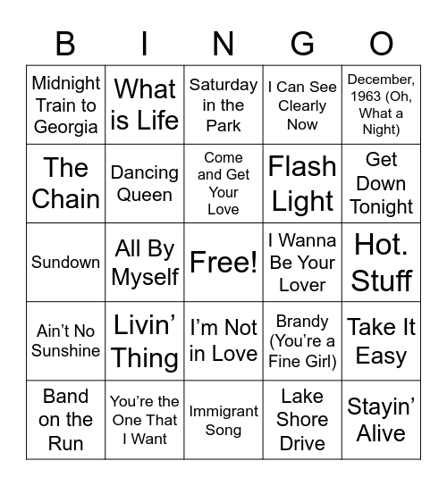 1970s Hits Bingo Card