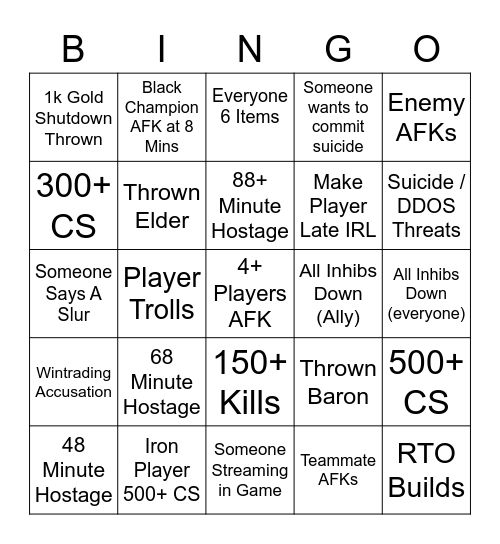 Hostage Bingo Card