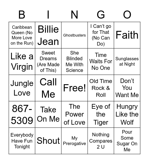 1980s Hits Bingo Card