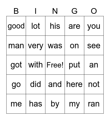 Sight Words Bingo Card