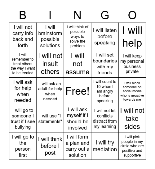 Conflict Resolution Bingo Card