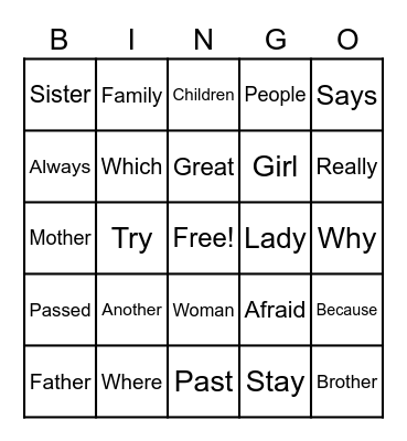 Sight Words Bingo Card