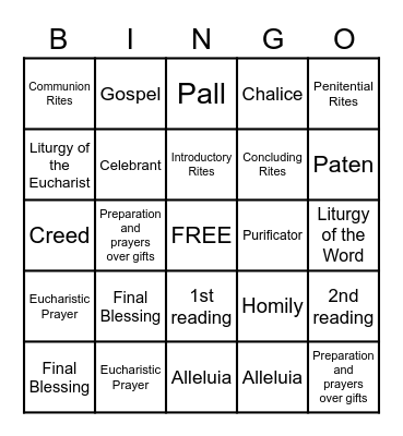 Parts of Mass Bingo Card