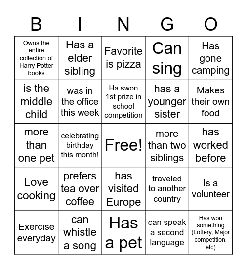 5 - Get to Know Bingo Card
