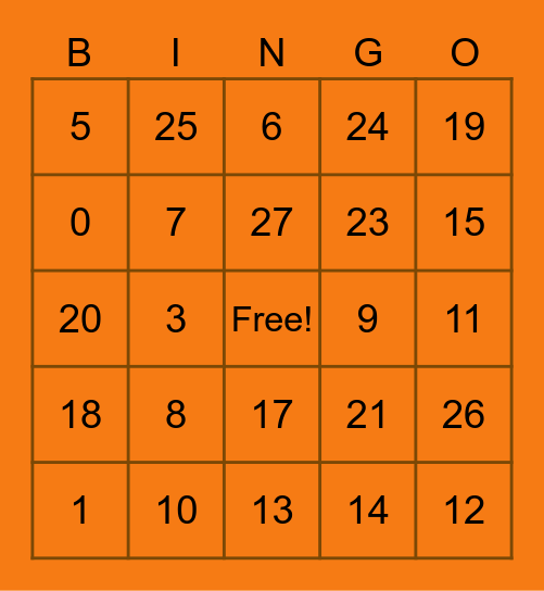 NOMBRES 0-29 Bingo Card