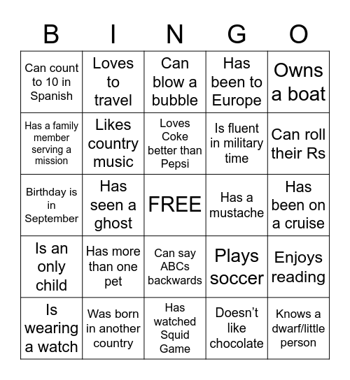 Get to Know You Bingo Card