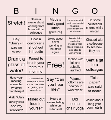 Remote Work Bingo Card