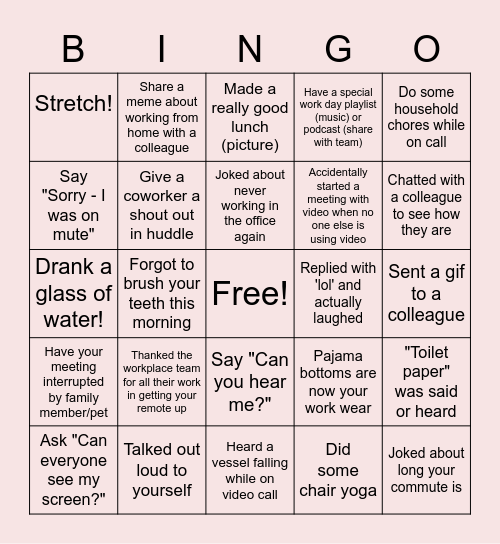 Remote Work Bingo Card