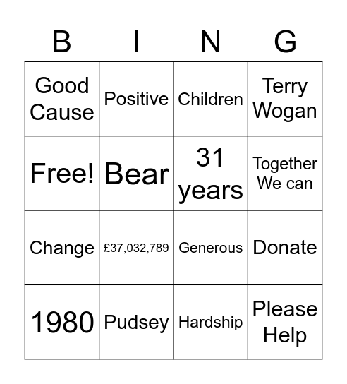 Children In Need Bingo Card
