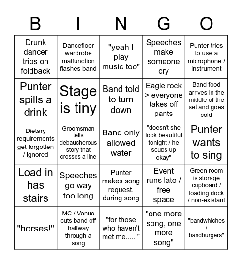 Wedding gig Bingo Card