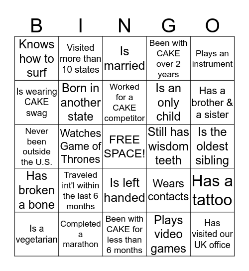 CAKE Bingo Card