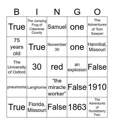Mark Twain Bingo! Bingo Card