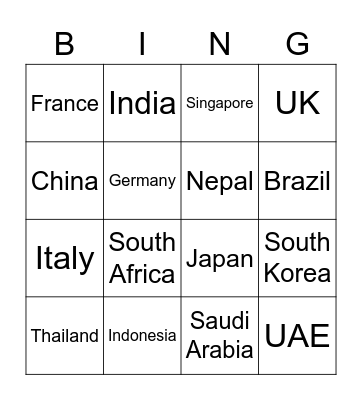 Countires Bingo Card