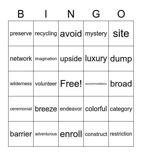 TOURISM Bingo Card