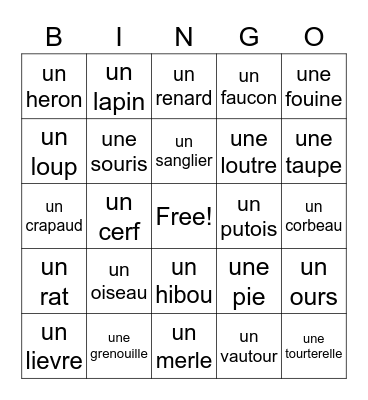 French Vocabulary #2 Bingo Card