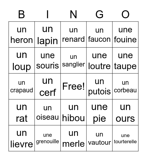 French Vocabulary #2 Bingo Card