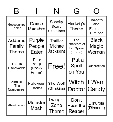 Halloween Song Bingo Card