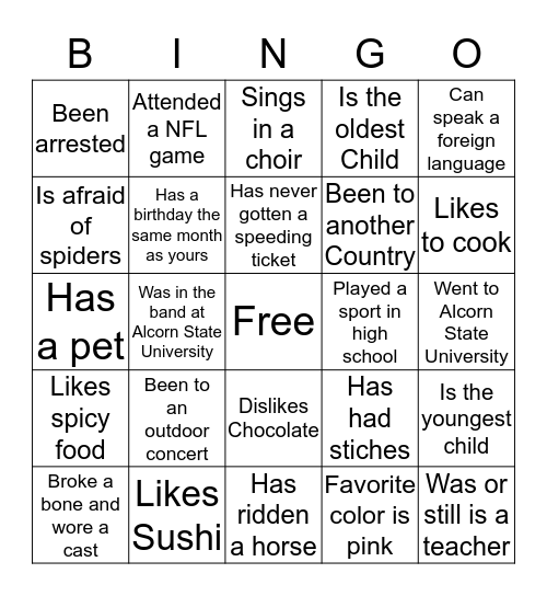 Family Bingo Card