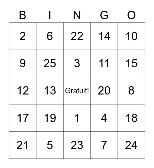 Les nombres (1-20) Bingo Card