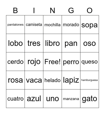 Spanish Vocabulary BINGO Card