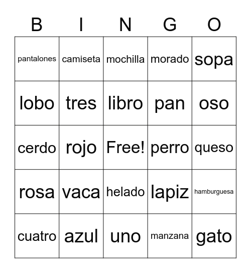 Spanish Vocabulary BINGO Card