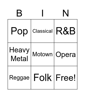 Types of Music Bingo Card