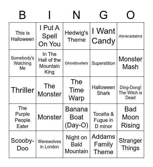 Spooky Song Bingo Card