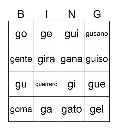 letra g Bingo Card