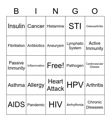 Infectious and Chronic Diseases/ Disabilities Bingo Card