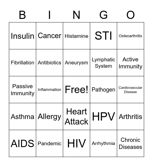 Infectious and Chronic Diseases/ Disabilities Bingo Card