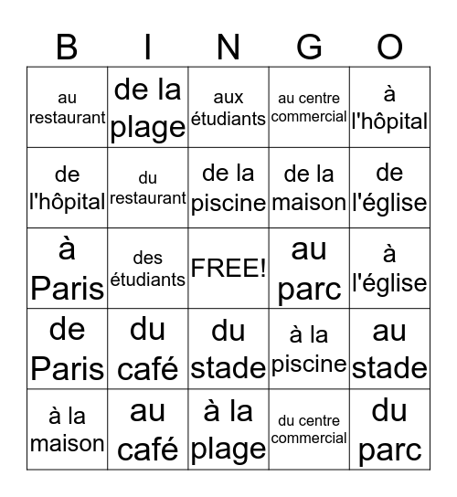Contractions with  à  and  de Bingo Card