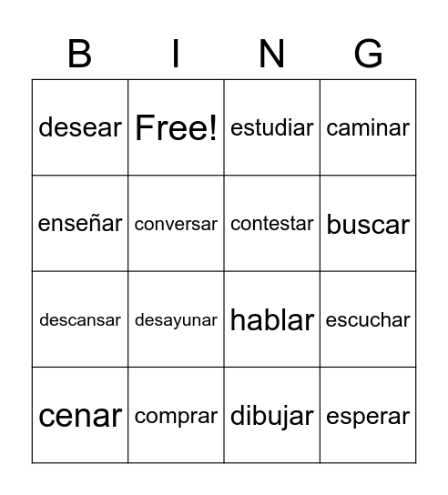 -AR verb meaning Bingo Card