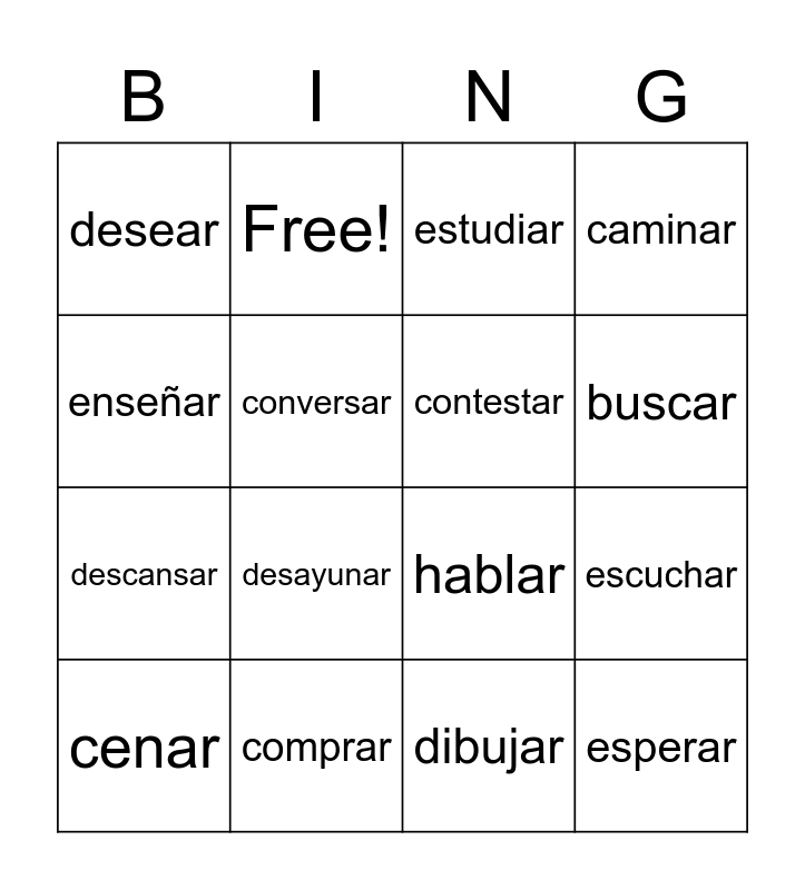 AR verb meaning Bingo Card