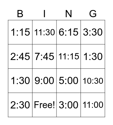 Telling Time Bingo Card
