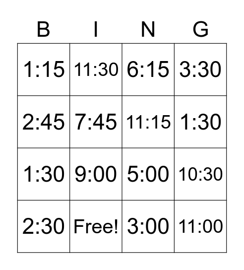 Telling Time Bingo Card