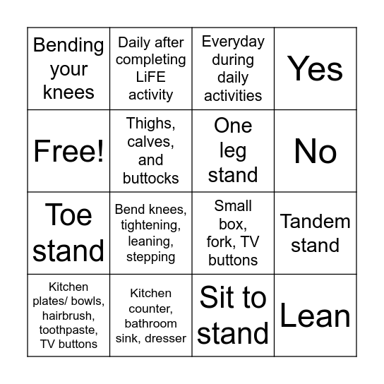 LiFE Bingo Card