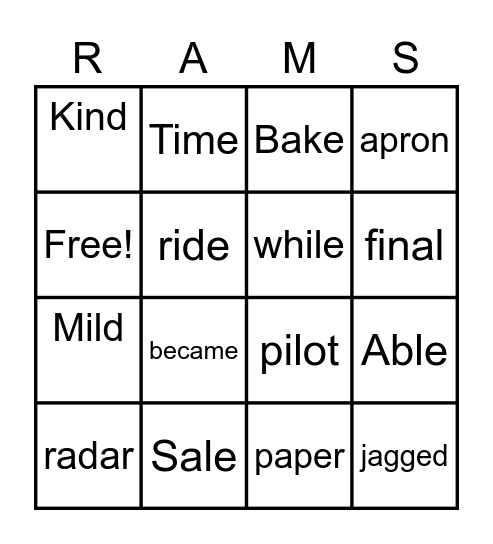 Spelling Words for 2.1 Bingo Card