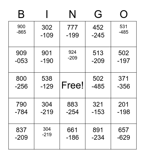 Subtraction Bingo Card