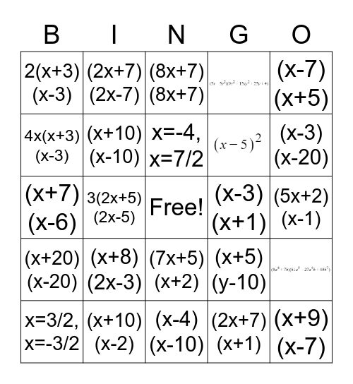 Factoring Bingo Card